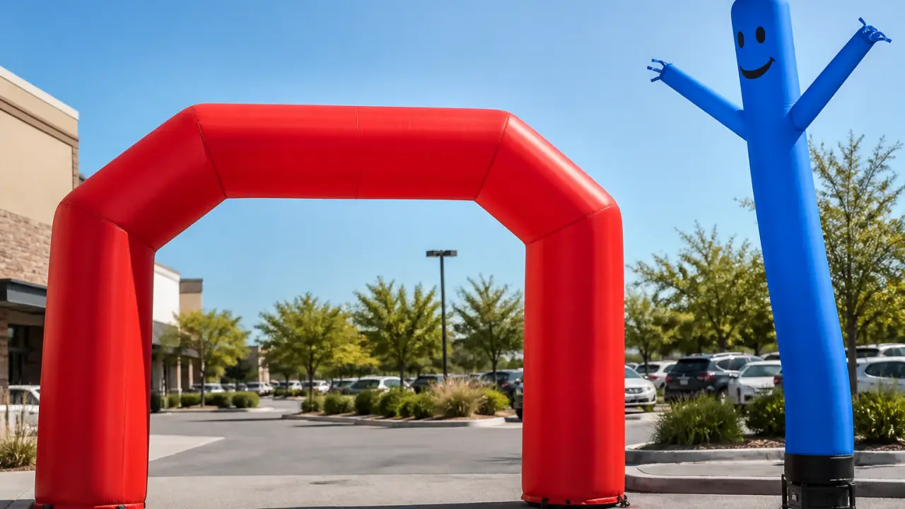 Aufblasbarer Bogen und Air Dancer am Eingang eines Einzelhandelsgeschäfts auf dem Parkplatz positioniert