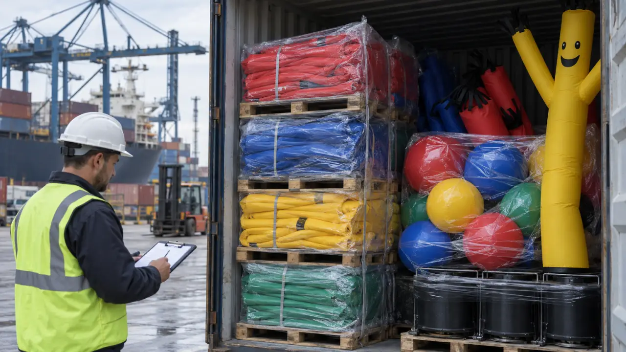 Hafenarbeiter inspiziert einen Container mit palettierten Werbe-Inflatables