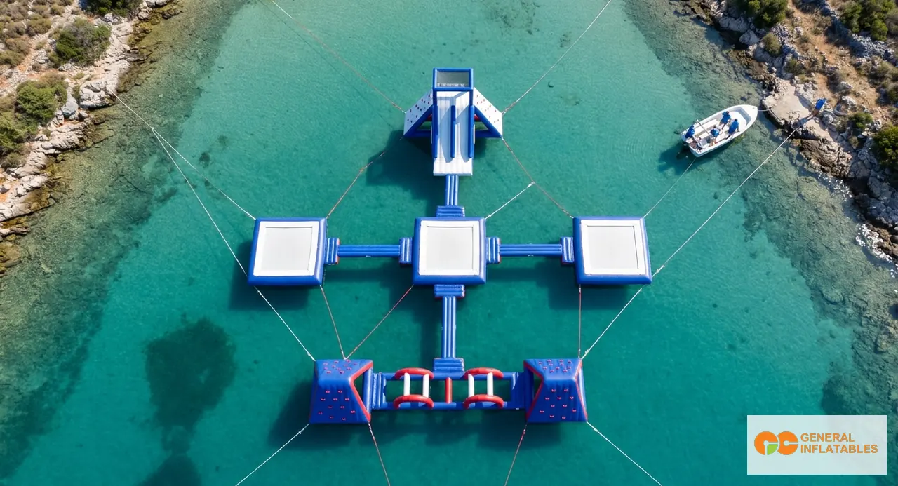 Luftaufnahme eines modularen aufblasbaren Wasserparks mit deutlich erkennbaren Modul-Clustern in einer geschützten Bucht