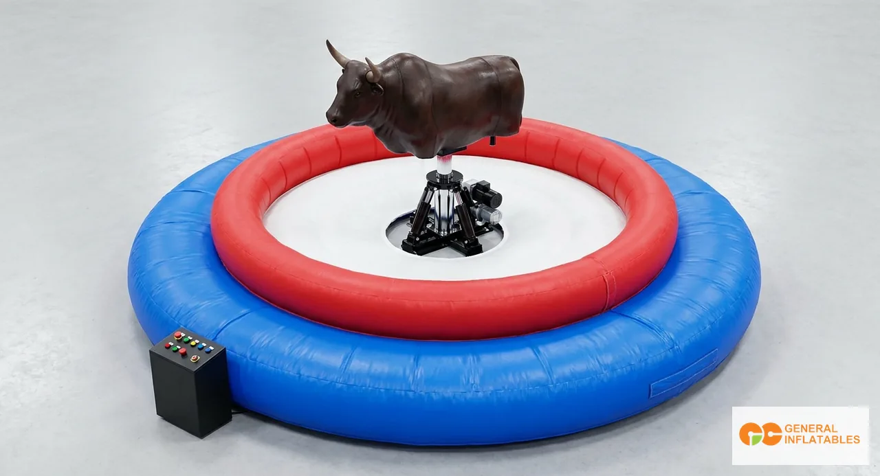 Aufblasbarer mechanischer Bullen-Ride auf einem Festival mit dem Bullenkörper auf einer hydraulischen Basis in der Mitte eines kreisförmigen gepolsterten Crash-Pads mit erhöhten Seitenwänden