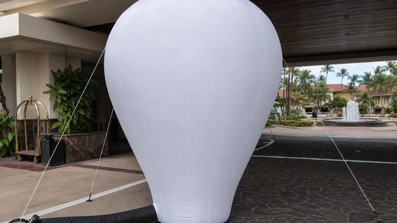 Aufblasbarer Bogen und Kaltluftballon am Eingang eines Einzelhandelsgeschäfts