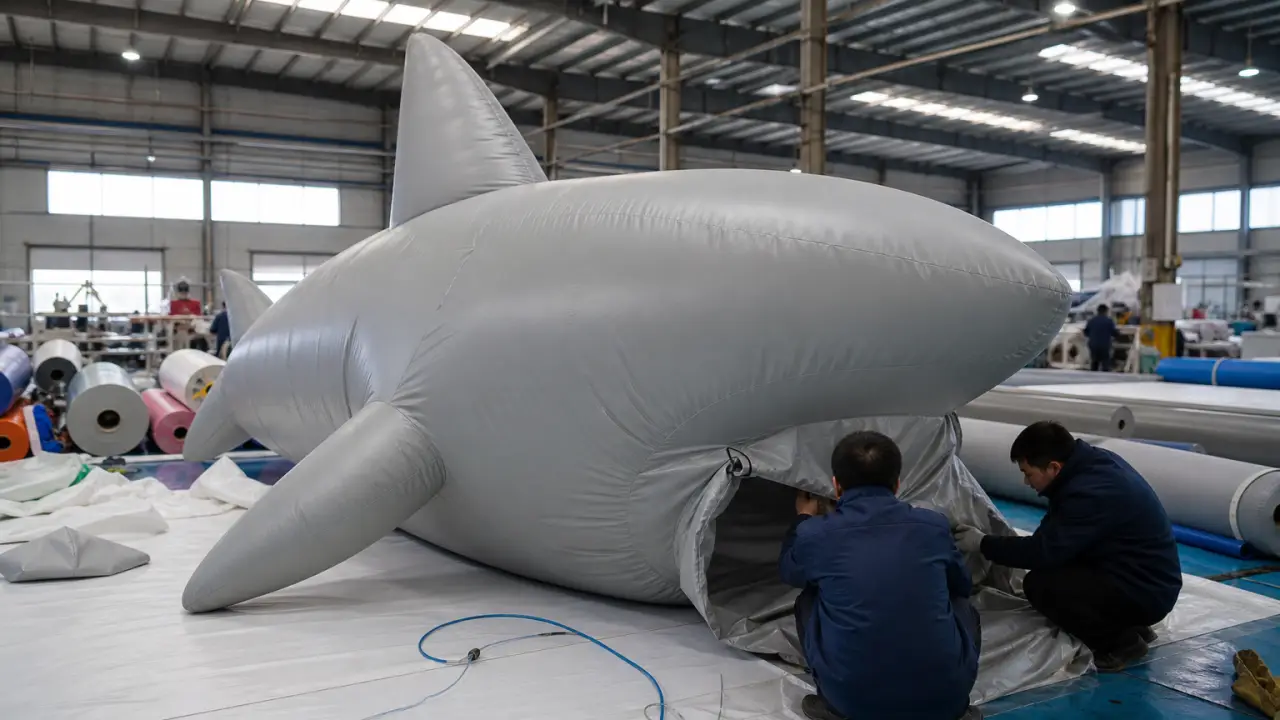 Individuell gebrandetes Inflatable-Maskottchen wird bei einer Outdoor-Veranstaltung aufgebaut