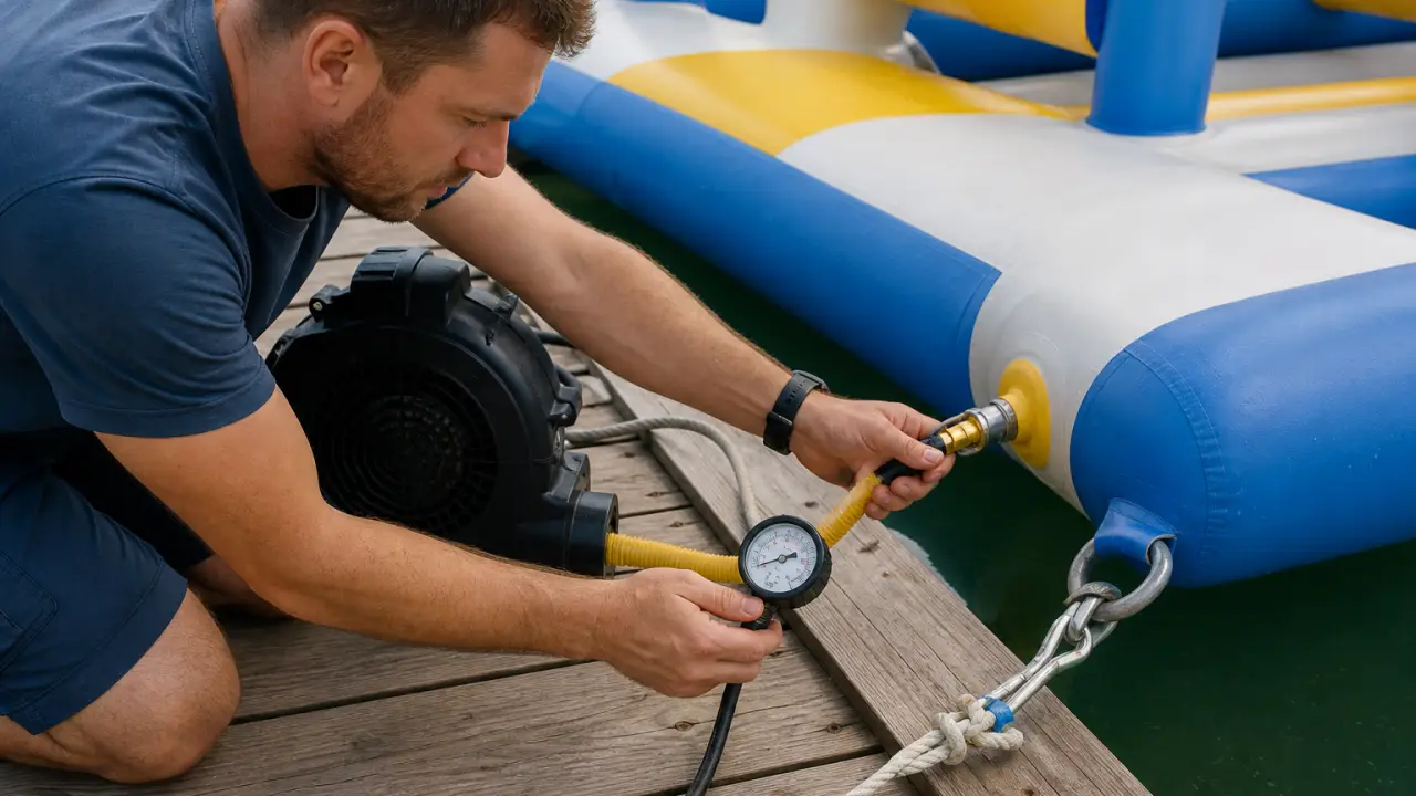 Wartungstechniker prüft Gebläse und Verankerungspunkt an einem aufblasbaren Wasserparkmodul