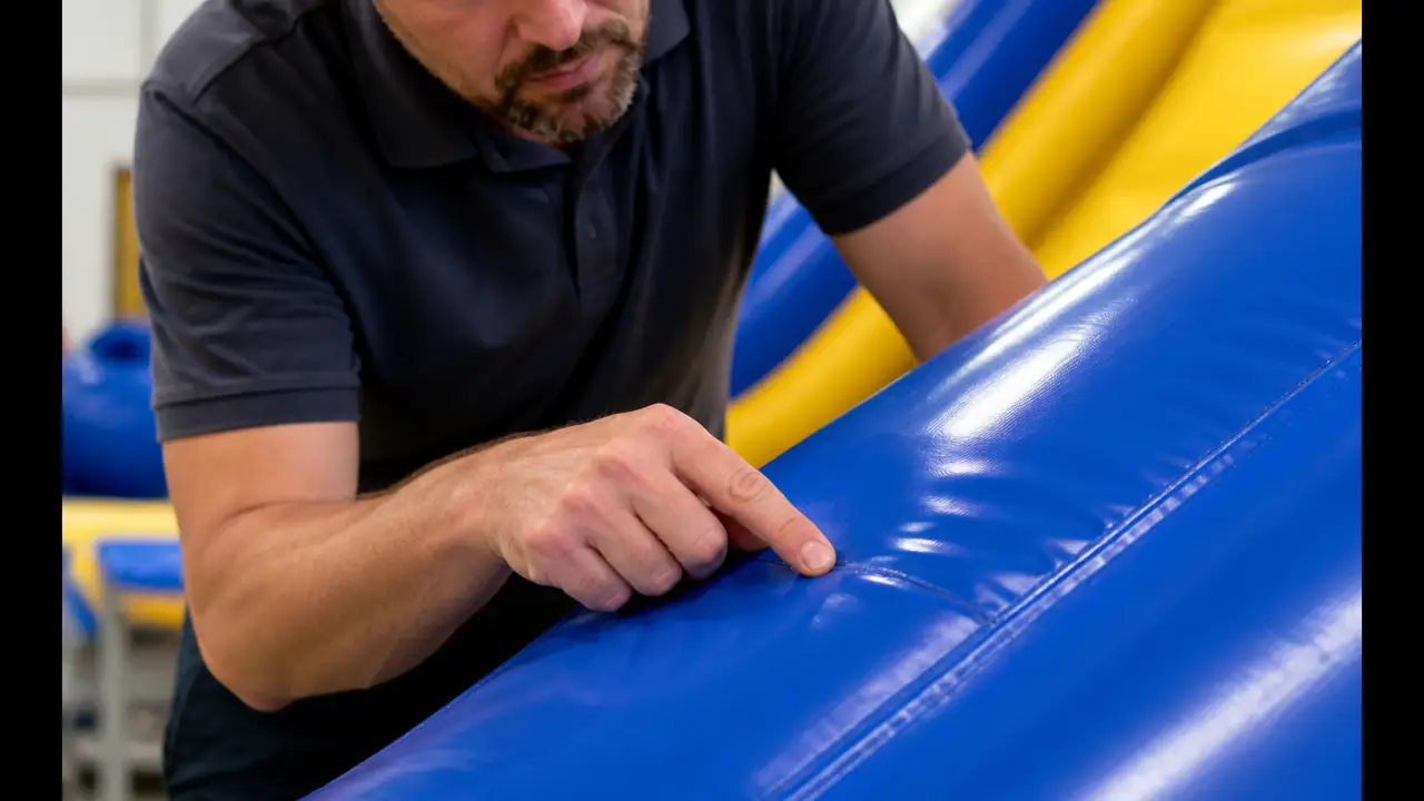 Qualitätsprüfung einer Naht einer aufblasbaren Wasserrutsche während der OEM-Produktion