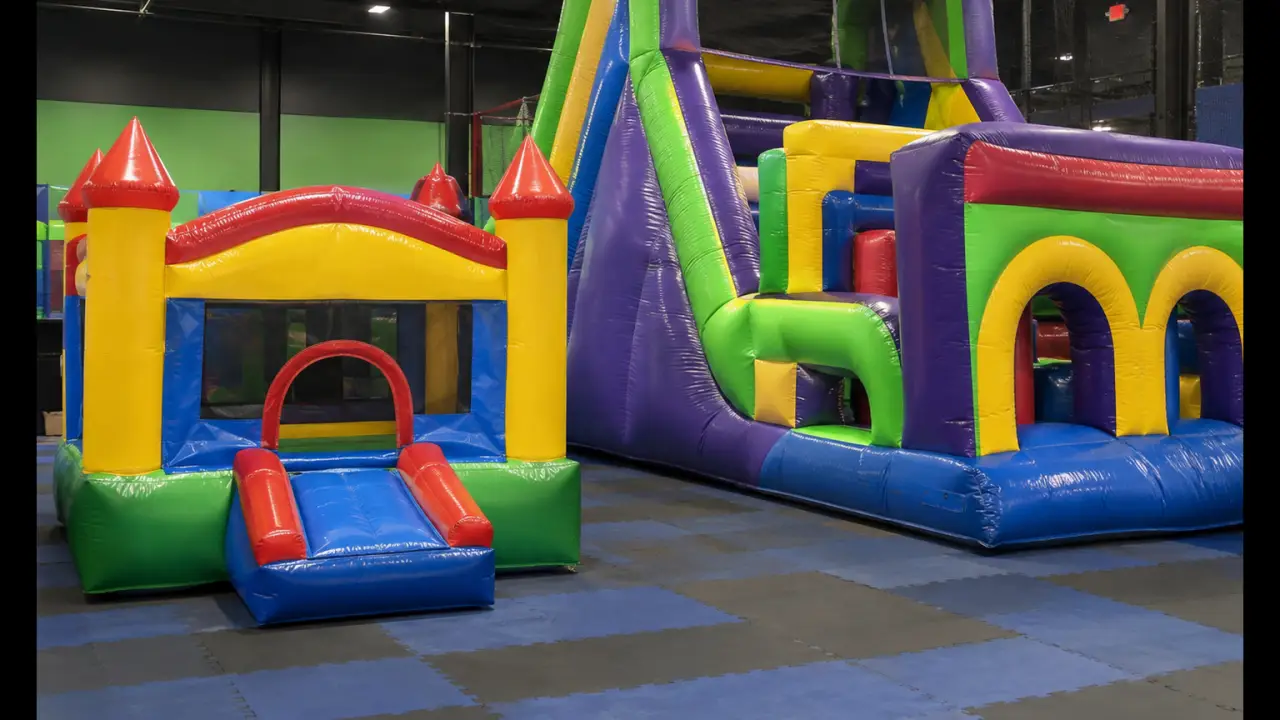 Kleinkindgroße aufblasbare Hüpfburg neben einem höheren Hindernisparcours-Gerät in einem Family Entertainment Center