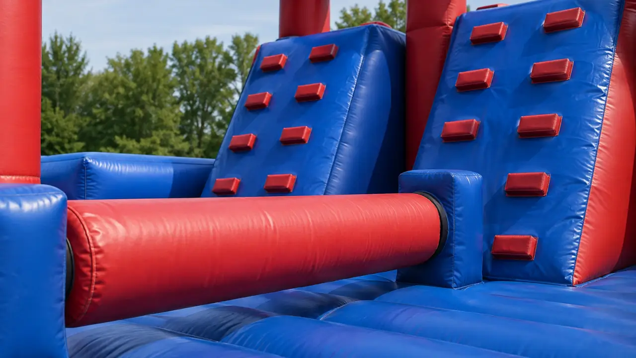 Rollstamm- und geneigte Kletterwandstationen auf einem aufblasbaren Ninja-Warrior-Parcours