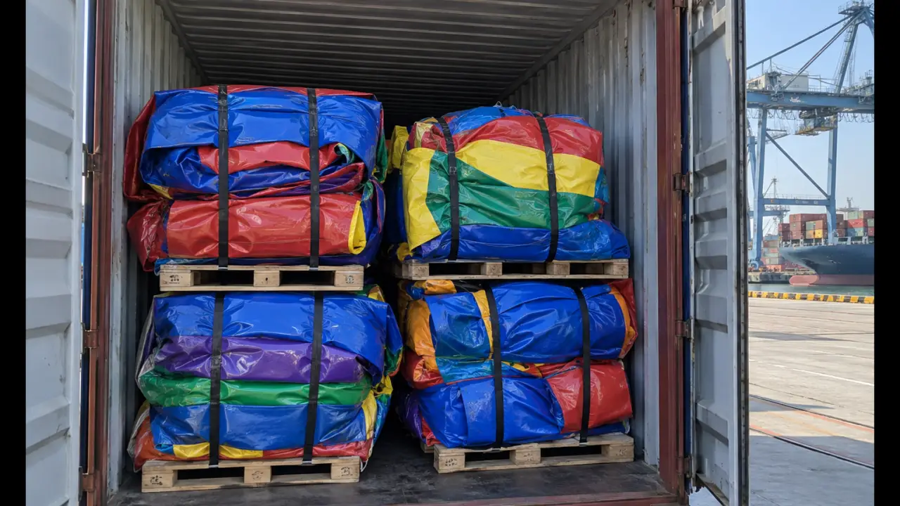 Gefaltete kommerzielle Hüpfburgen, auf Paletten in einem Versandcontainer im Hafen verpackt