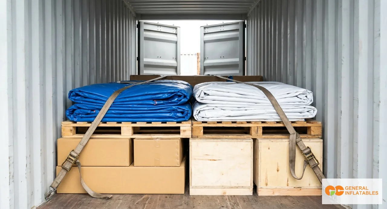 Innenansicht eines 40ft HQ Seecontainers, teilweise beladen mit gefalteten kommerziellen Inflatables auf Paletten, mit Gebläsekisten und Verankerungssätzen am Boden