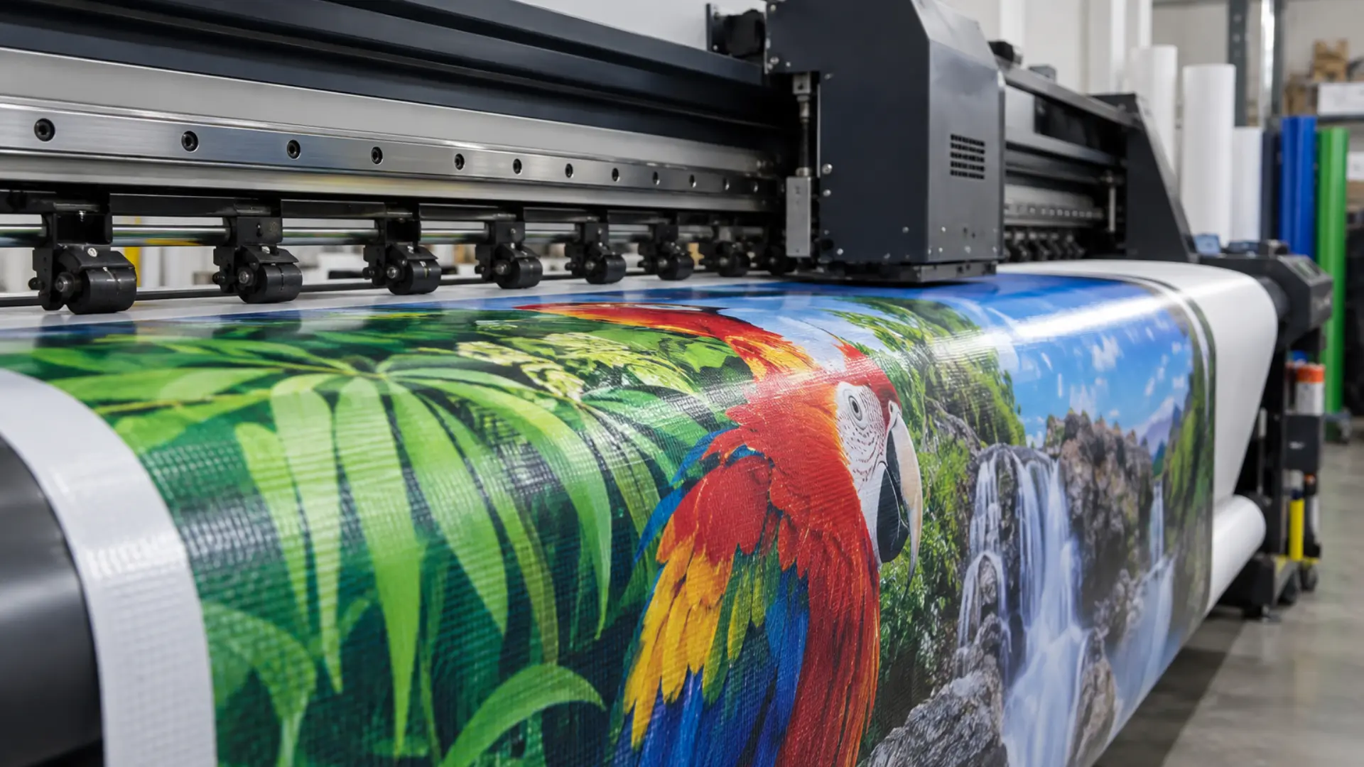Nahaufnahme von digital gedruckten Full-Print-Grafiken auf einer kommerziellen PVC-Planenbahn für Inflatables