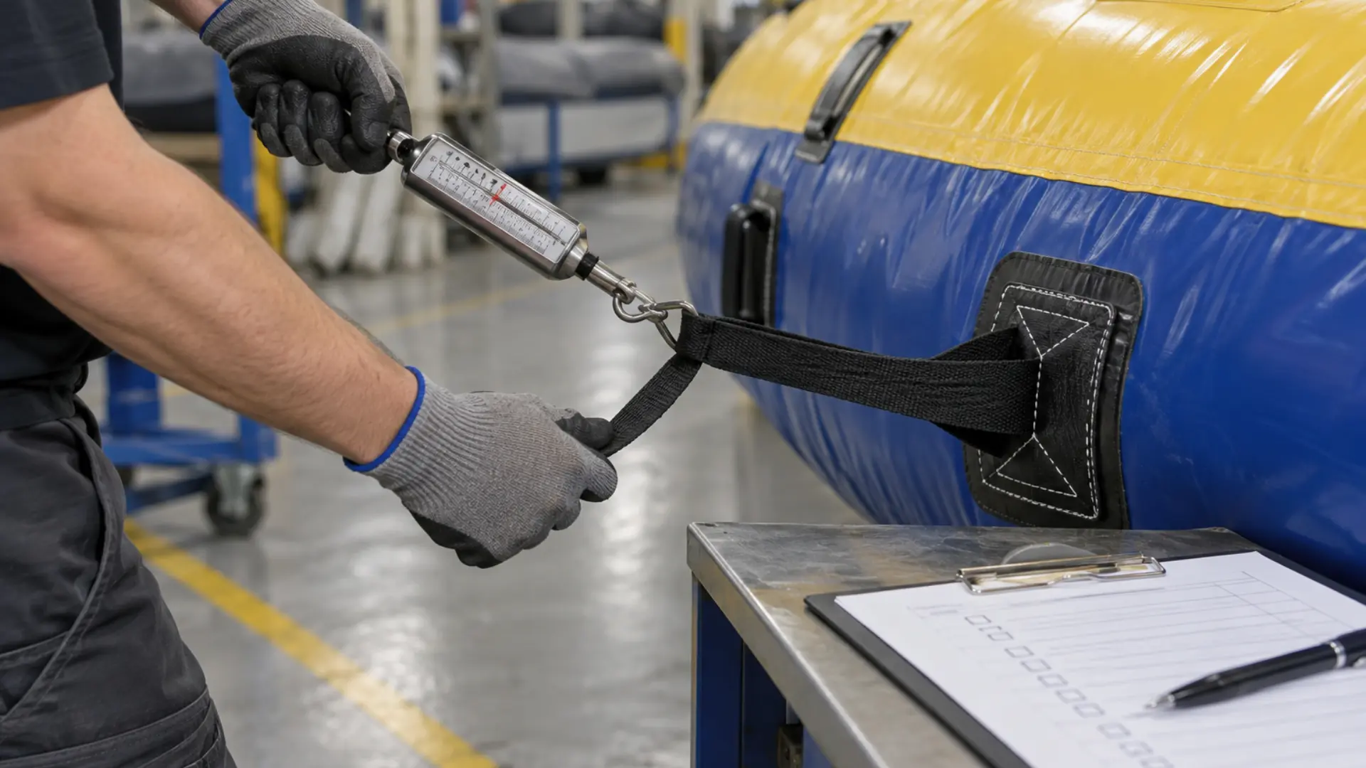 Nahaufnahme eines Technikers beim Zugversuch an einer Ankerpunkt-Schlaufe eines Inflatables im QC-Bereich der Fabrik