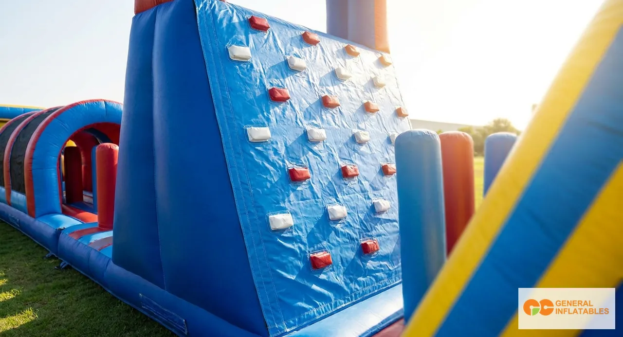 Seitenansicht eines langen kommerziellen aufblasbaren Hindernisparcours auf Rasen mit mehreren Modulen: Tunneleingang, Kletterwand in der Mitte, Pop-up-Puffer, Verfolgungsbahnen und Ausgangsrutsche am Ende