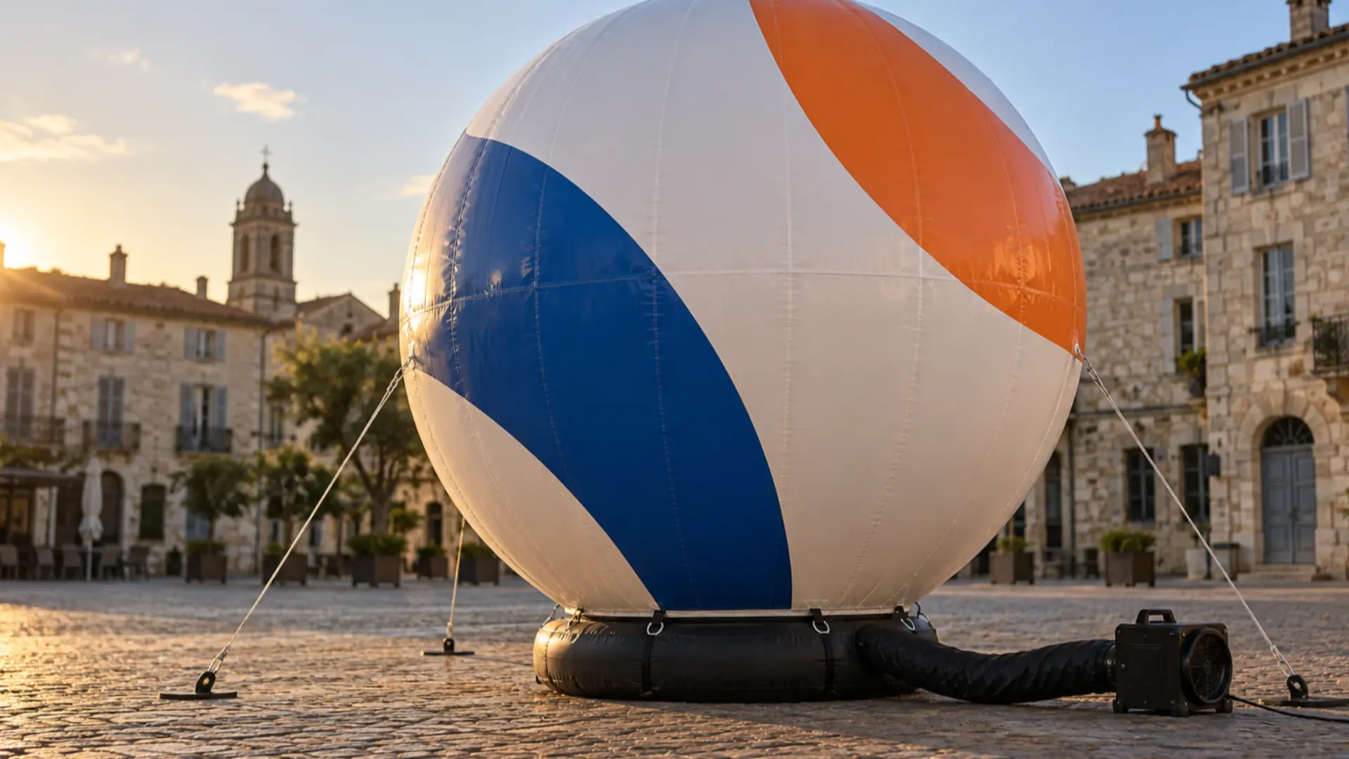 Großer Kaltluft-Werbeballon mit abstraktem aufgedruckten Branding, verankert auf einem französischen Stadtplatz