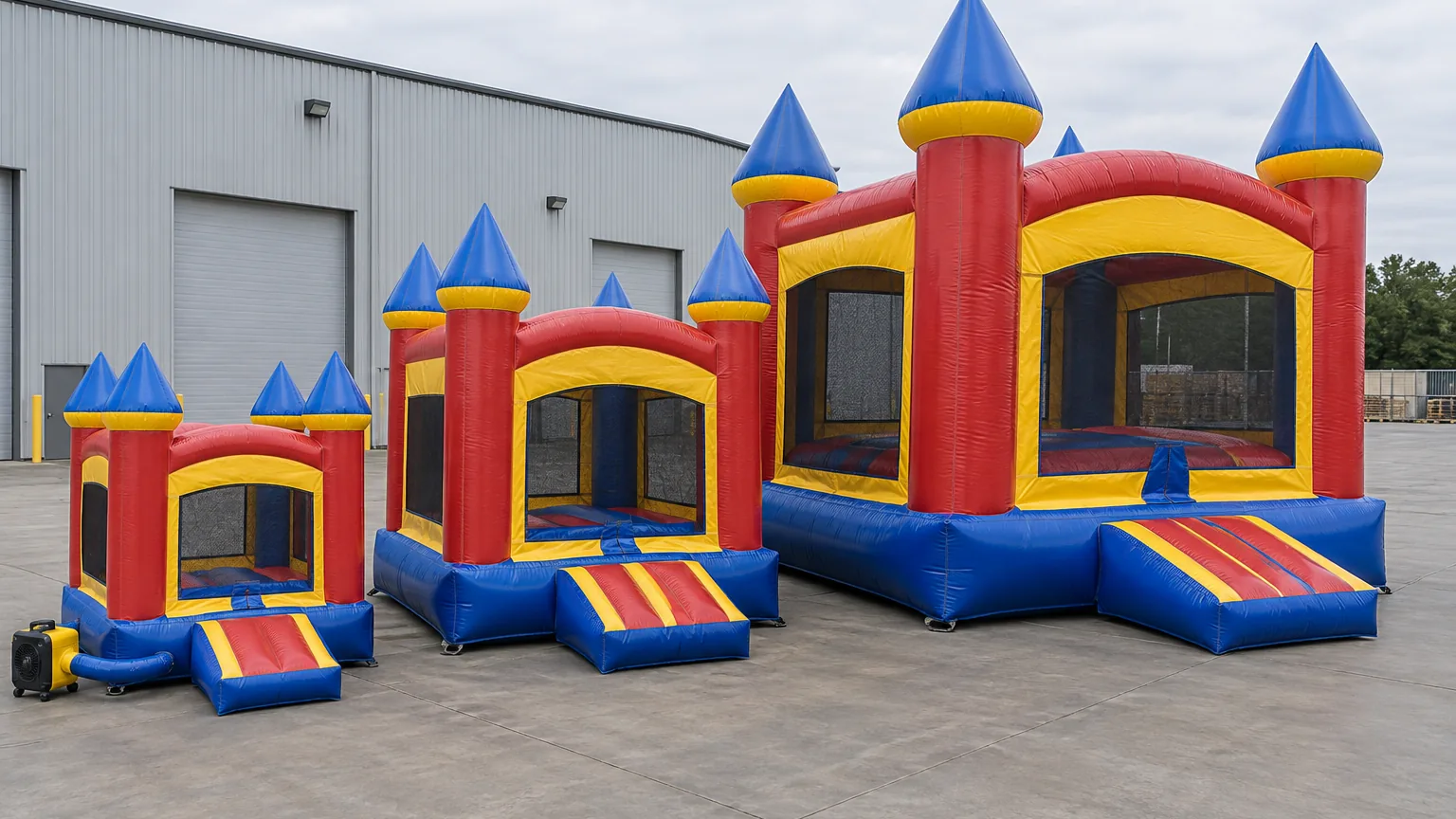 three commercial inflatable bouncer castles of different sizes lined up side by side in an industrial yard