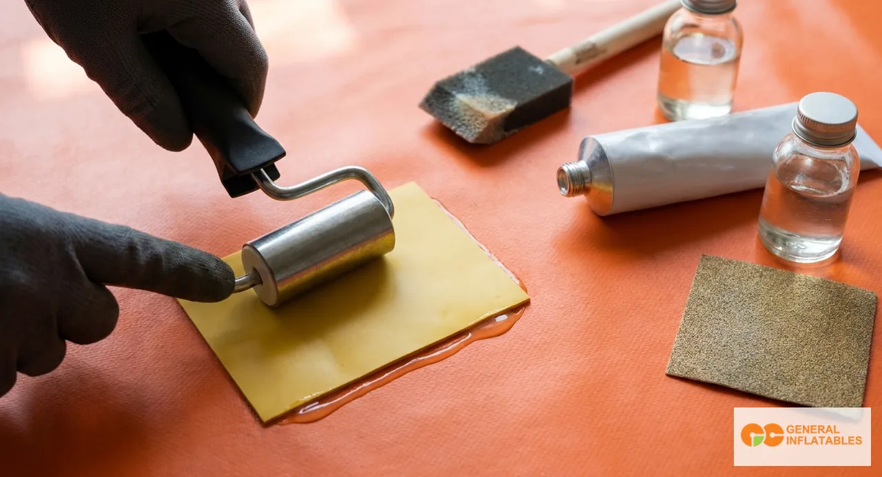Nahaufnahme einer kommerziellen Kaltflickenreparatur an einer aufblasbaren Struktur auf marineblauer PVC-Oberfläche — Flickenmaterial wird nach dem Auftragen von PVC-Klebstoff mit einer Handrolle flachgerollt