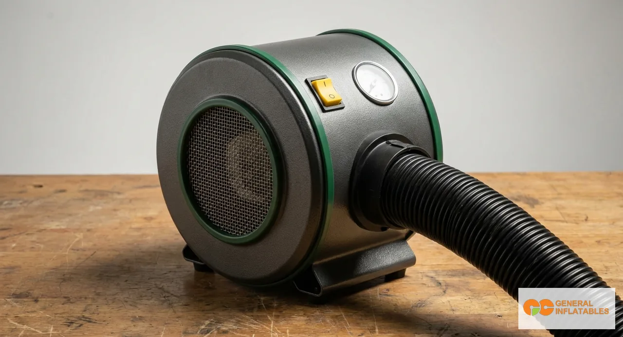 Seitenansicht eines kommerziellen 1.5 HP Inflatable-Gebläses auf dem Rasen neben dem Anschlussschlauch, der in eine aufgebaute Hüpfburg führt, mit deutlich sichtbarer Luftführung