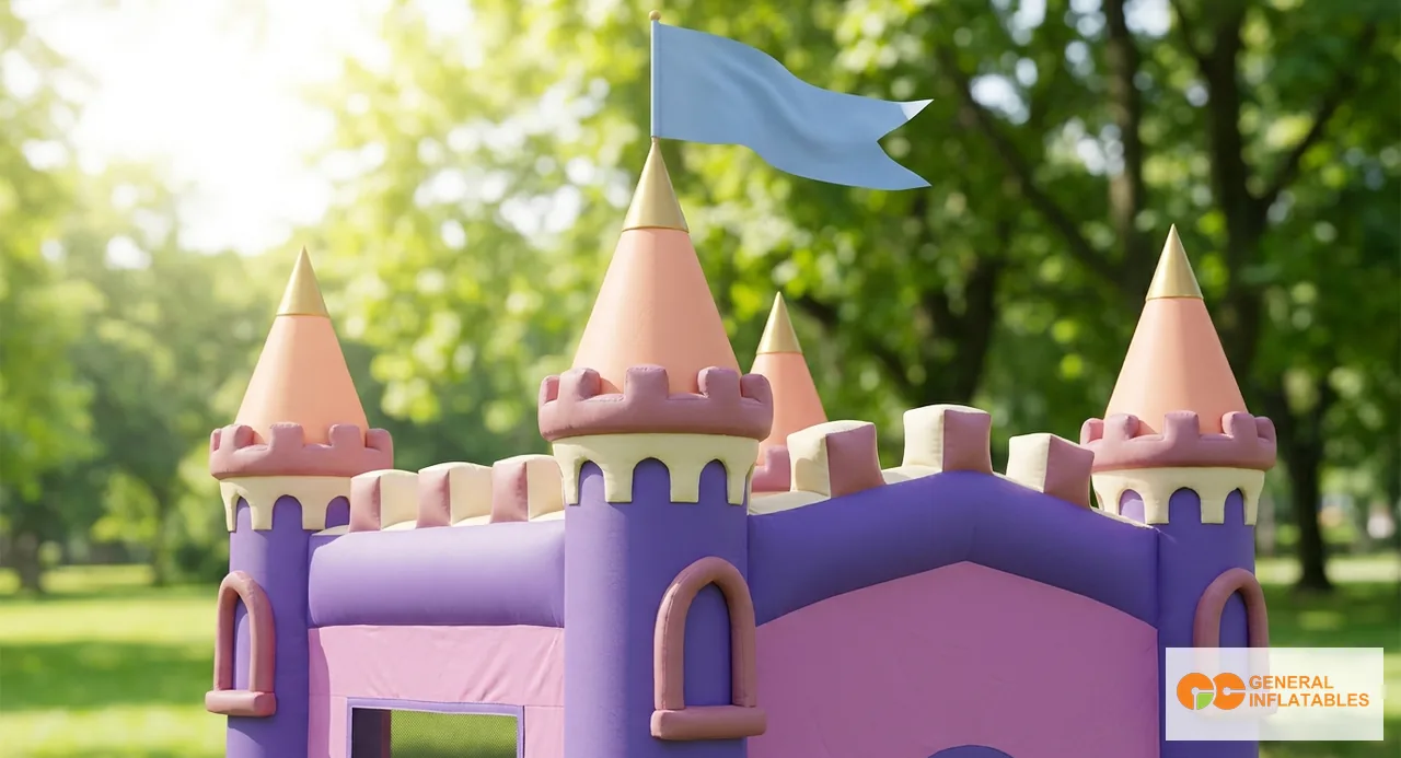Zwei themed kommerzielle aufblasbare Schlösser nebeneinander bei einem Familienevent — links ein Prinzessinnenschloss mit rosa Türmen und Bogenwänden, rechts ein Piratenschiff-Schloss mit Mast- und Segelelementen