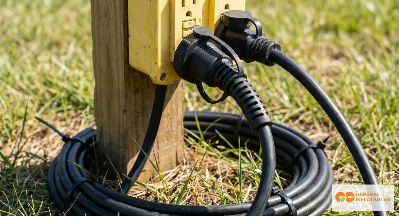 Outdoor-Event-Stromverteiler-Hub mit einem gewerblichen Generator, der über mehrere dicke orange Verlängerungskabel mit den Gebläsen nahegelegener Inflatable-Hüpfburgen verbunden ist, mit einem Stromüberwachungsmessgerät auf der Generatorkonsole