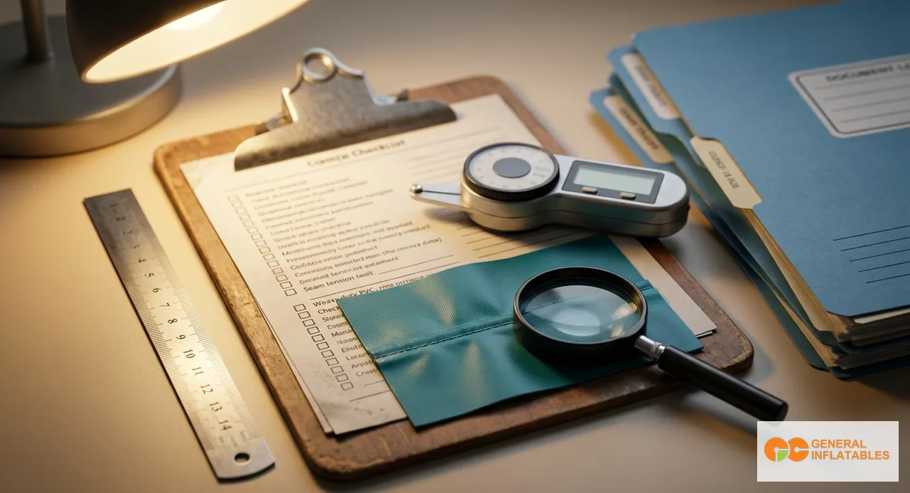 Smartphone-Bildschirm eines Käufers zeigt einen Live-Videoanruf von einer chinesischen Aufblasfabrik-Produktionshalle — Arbeiter schweißen PVC-Platten und fertige Hüpfburgeinheiten stapeln sich im Hintergrund