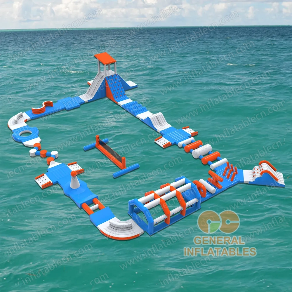 GW-200 Mittelgroßer aufblasbarer Wasserpark zu verkaufen – Blau-oranger schwimmender Hindernisparcours